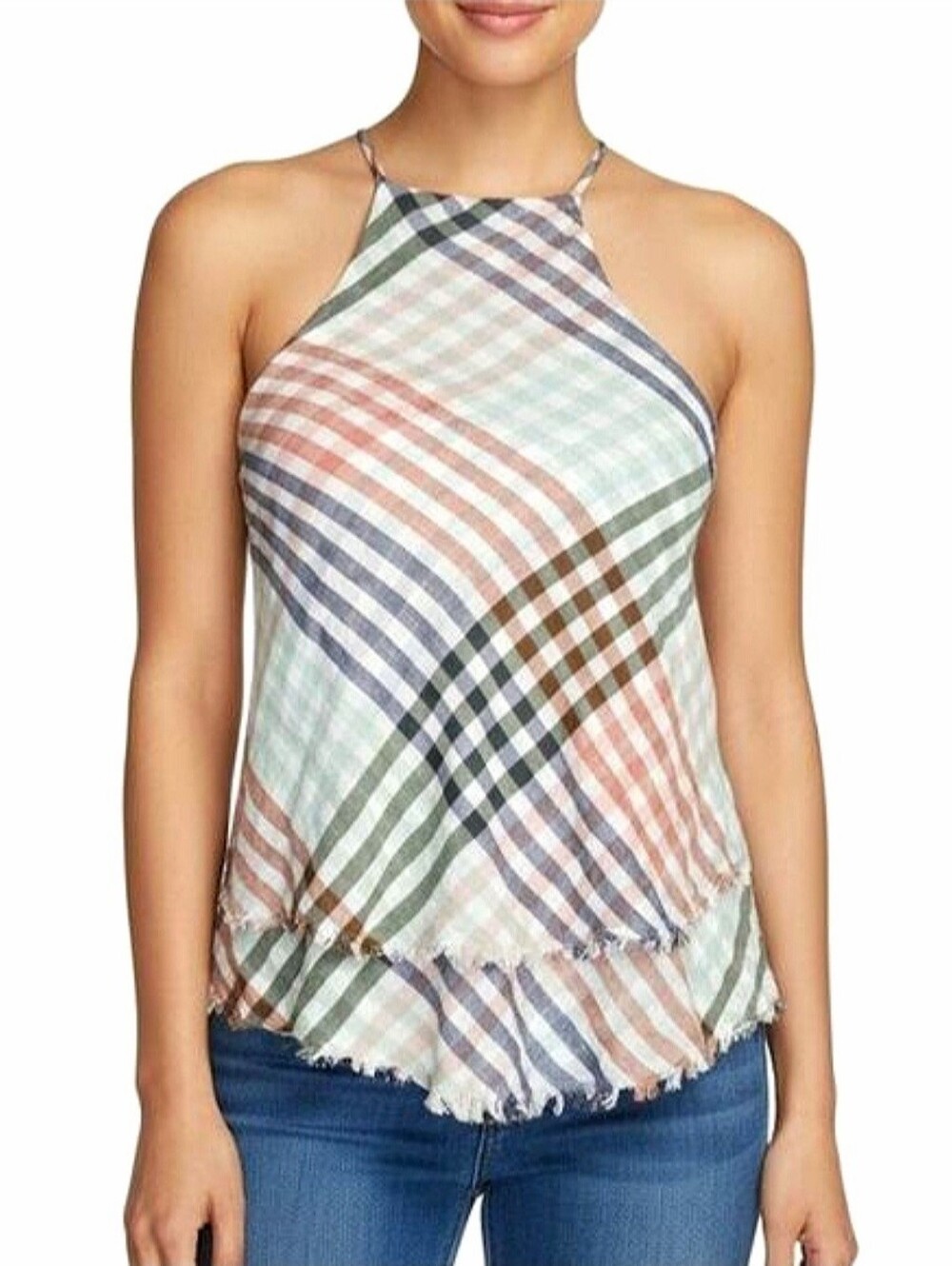 American Eagle Sleeveless Multicolor Plaid High Neck Tank Frayed Hem Women's XS